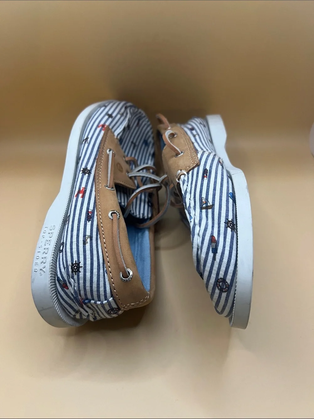 Sperry Kids Blue & White Striped Boat Moccasins with Tan Trim